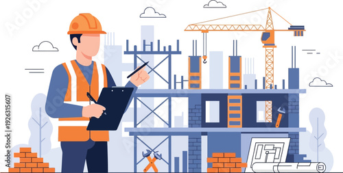 Construction worker reviewing plans at a building site with a crane vector illustration on transparent background silhouette high quality professional detailed