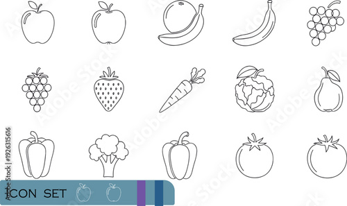 Print Minimalist Fresh Fruits and Vegetables Line Icon Set Featuring Healthy Organic Produce Like Apples Bananas Grapes Berries and Garden Veggies