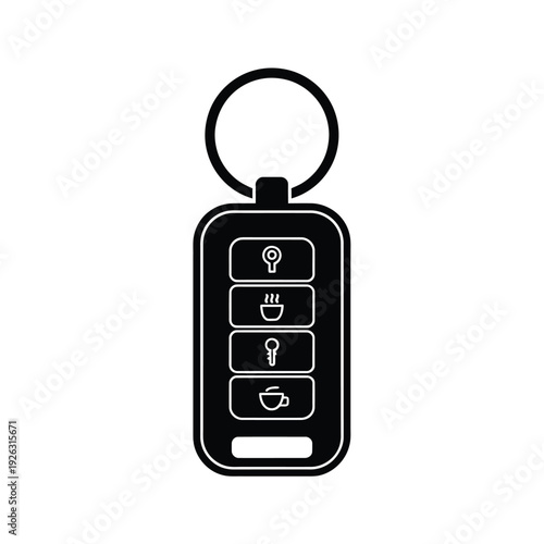A simple black and white illustration of a modern car key fob