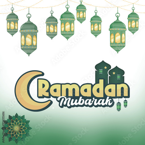 Beautiful Ramadan Mubarak greeting with green lanterns and crescent moon