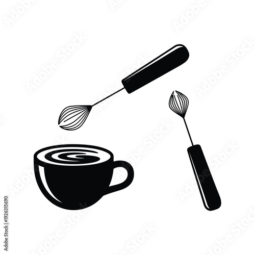 Black and white illustration of a coffee cup with two whisks above