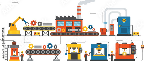 A colorful industrial complex illustration depicts factory production lines and machinery on transparent background silhouette high quality professional detailed modern elegant