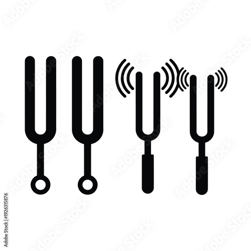 Black tuning forks displaying sound waves and vibration in a row