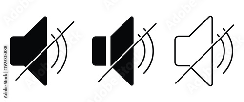 Volume speaker mute volume vector set. Vector sound off icon used to  silence or turn off audio on computers, smartphones, and media players.