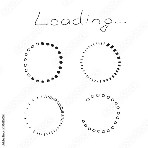 Hand drawn loading progress bar icons set with circular doodle spinners and status indicators in minimalist sketchy style for web and mobile interface design