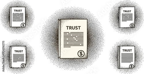 Vector illustration representing a legal financial trust document concept surrounded by smaller identical agreements