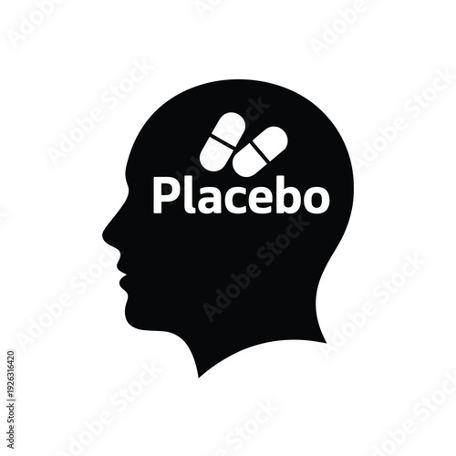A black silhouette of a head with pills and the word placebo