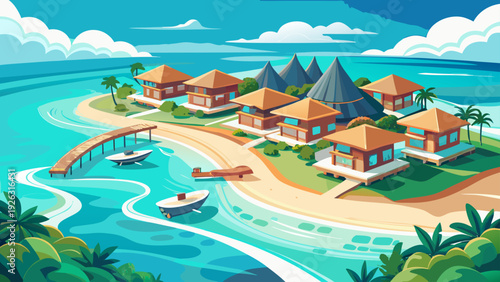 Very beautiful aerial landscape of a luxury tropical resort with elegant water villas stretching over turquoise ocean and pristine white sandy beach.
