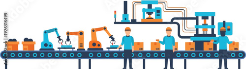 A colorful factory assembly line with robotic arms and workers presented as a flat design silhouette on transparent background high quality