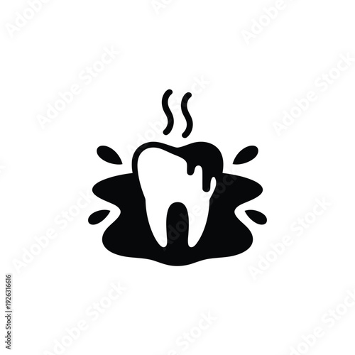 Decaying tooth illustration with splatters and steam black and white