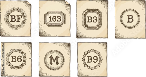 Collection of vintage-style vector graphic illustrations featuring aged paper labels with ornate frames and stipple texture, suitable for decorative design elements.