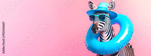 A creative scene featuring a zebra in sunglasses and a beach hat holding an inflatable ring against a pink studio background with copyspace, a vibrant summer concept of relaxation and fun