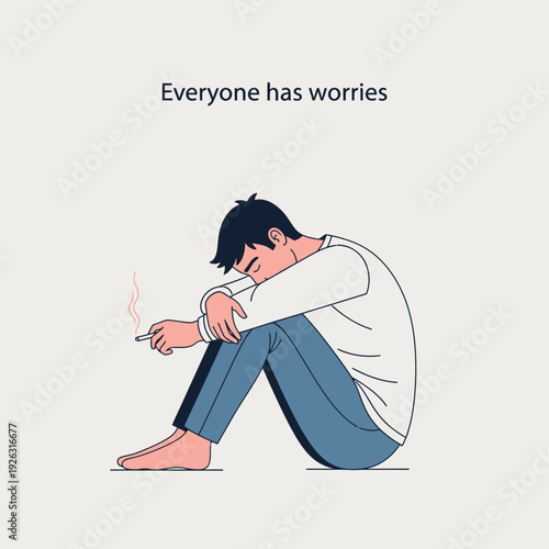 Man sitting alone, smoking, looking down, feeling worried and stressed