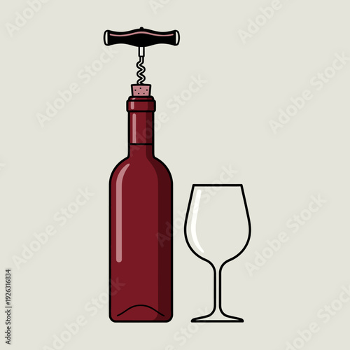 Red Wine Bottle with Corkscrew and Empty Glass, Ready for Pouring