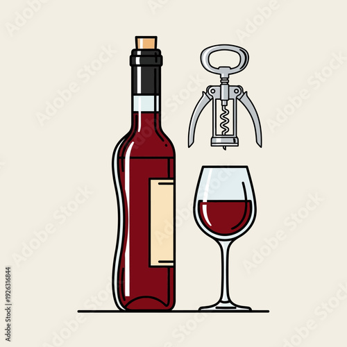 Red Wine Bottle, Glass, and Corkscrew on a Light Background
