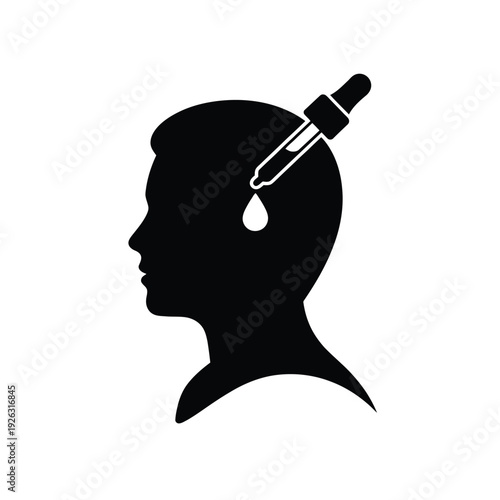 A black silhouette of a head with a dropper and drop above it