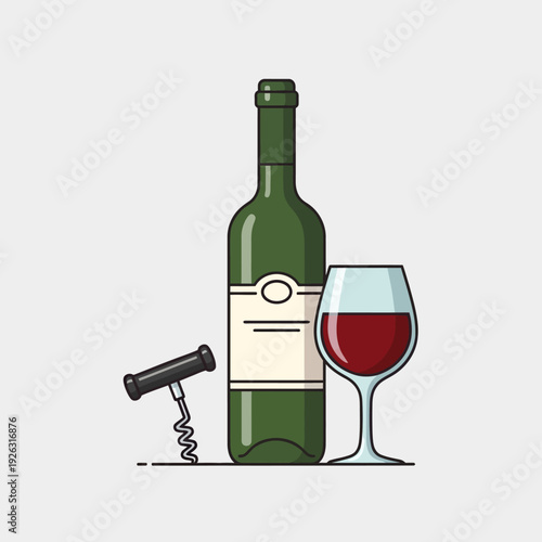 Red Wine Bottle, Glass, and Corkscrew on White Background - Flat Design
