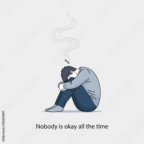 Sad man smoking cigarette, feeling down, nobody is okay all the time concept