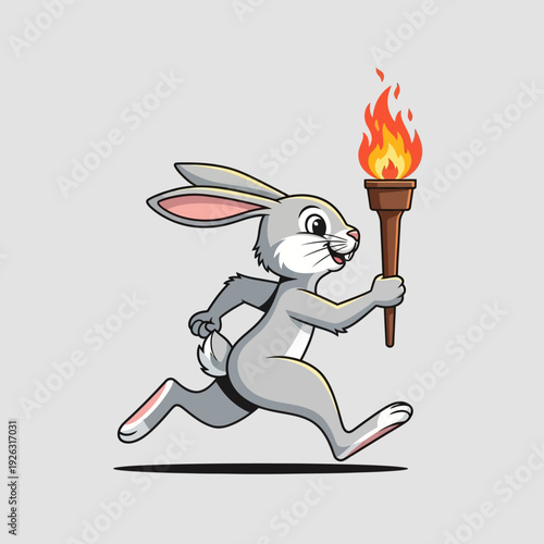 Cartoon Rabbit Running with Olympic Torch, Symbolizing Speed, Victory, and Competition