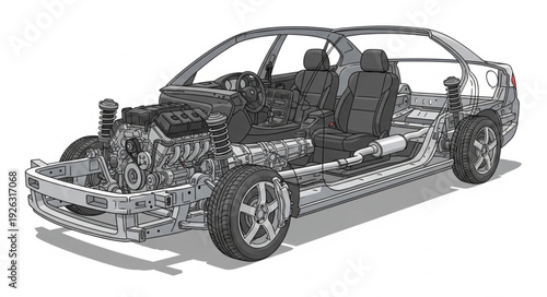 Detailed Cutaway Illustration of Car Interior.