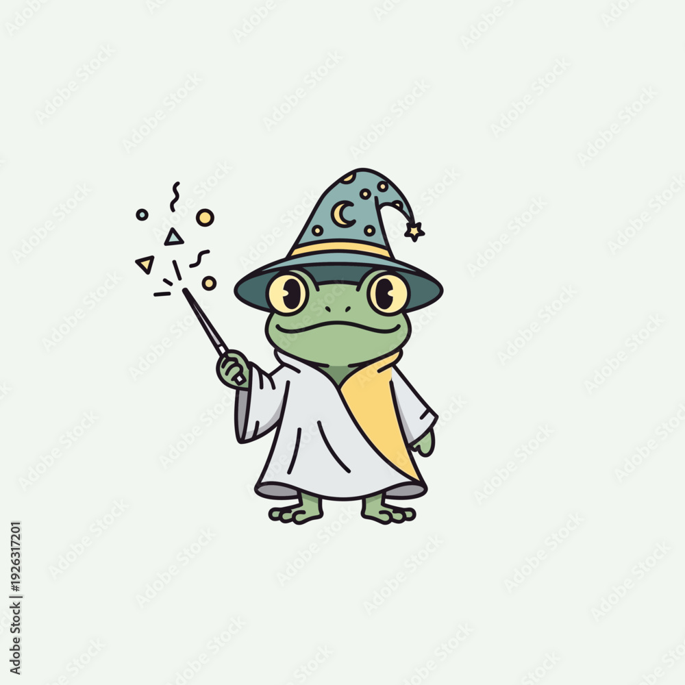 Obraz premium Cute Frog Wizard Casting Magic Spell with Wand and Hat