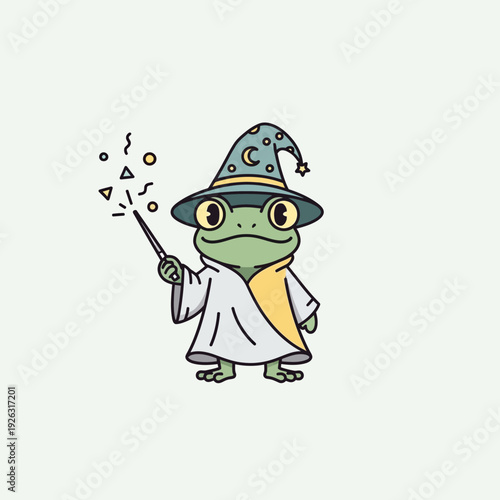 Cute Frog Wizard Casting Magic Spell with Wand and Hat