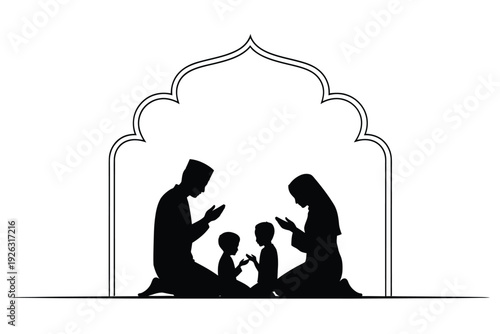 Silhouetted muslim family praying together within an ornate archway