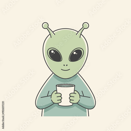 Cute green alien holding a cup, cartoon character, friendly extraterrestrial, sci-fi concept