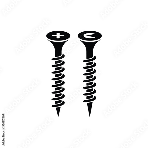 Two black silhouettes of a screw and a bolt side by side
