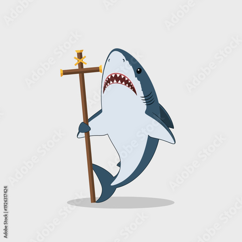 Funny Shark Holding a Wooden Cross with Golden Accents