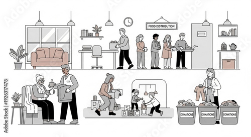 People engaging in daily activities at home and recycling illustrating sustainable living and community