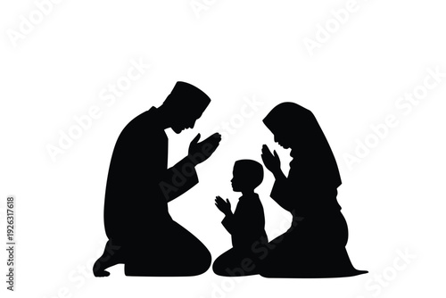 A muslim family praying together in a simple black silhouette