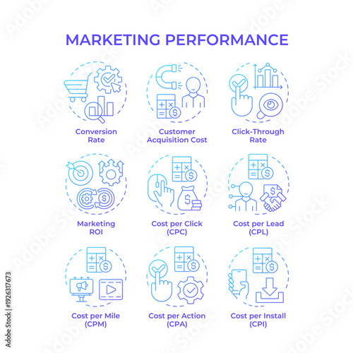 Marketing performance blue gradient concept icons. Kpi metrics, customer experience. Advertising efficiency. Icon pack. Vector images. Round shape illustrations for booklet, article. Abstract idea