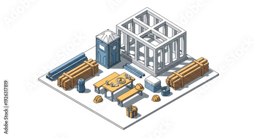 Isometric Warehouse Construction Site Illustration.