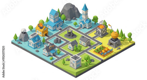 Isometric Village with Castle and Buildings.