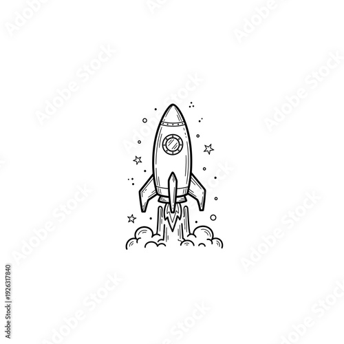 Doodle-style rocket launch with stars and smoke clouds