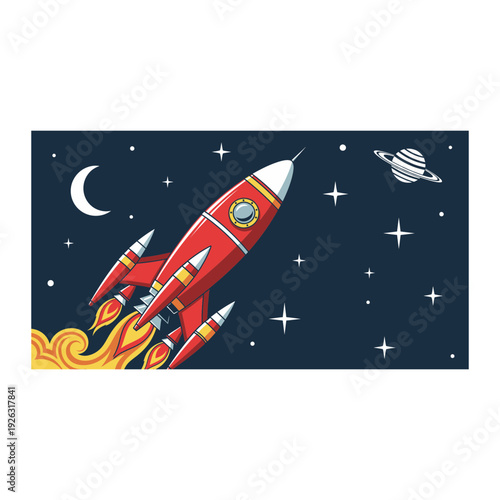 Red retro rocket ship soaring through starry night sky