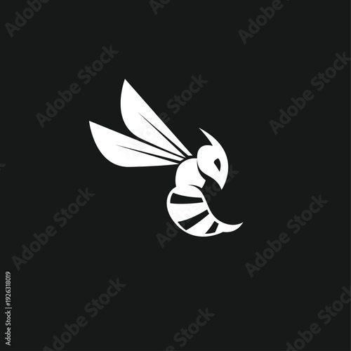 White Stylized Bee or Wasp Silhouette Vector Logo Design on Black Background