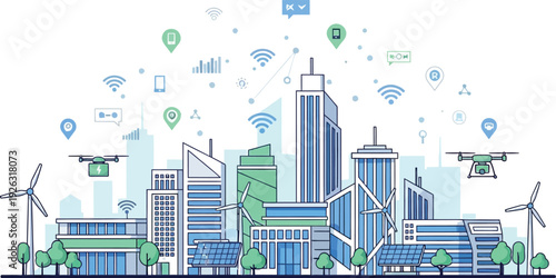 A modern smart city skyline illustration with drones wind turbines and connected icons on transparent background silhouette high quality professional detailed