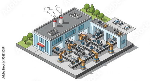 Isometric Office Building with People Working.
