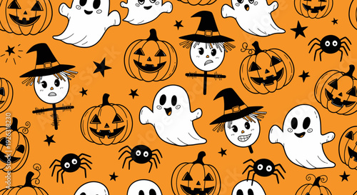 Cute Halloween Pattern with Ghosts, Pumpkins, and Spiders on Orange Background
