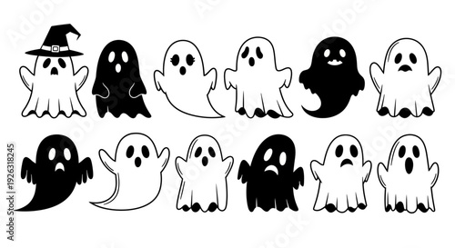 Collection of Cute and Spooky Halloween Ghost Icons in Black and White