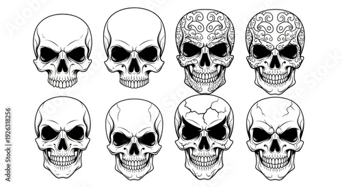 Collection of Eight Stylized Skull Illustrations in Black and White Outline
