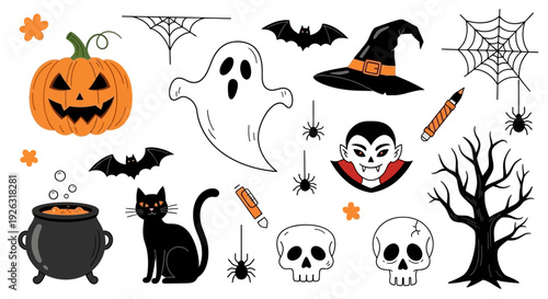 Spooky Halloween Icons Collection: Pumpkin, Ghost, Bat, Witch Hat, Vampire, Cat, Skull