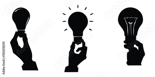 Three Silhouette Hands Holding Light Bulbs Showing Ideas.
