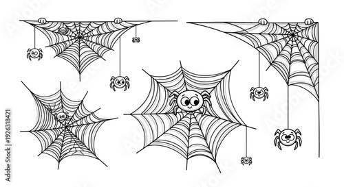 Cute Cartoon Spiders and Halloween Cobweb Corner Decorations Set