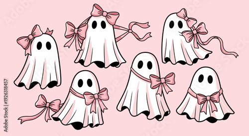Cute Pink Bow Ghosts Collection, Adorable Halloween Characters on Pastel Background