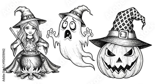 Vintage Halloween Trio: Witch Brewing Potion, Spooky Ghost, and Jack o Lantern