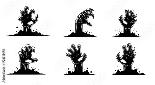 Creeping Zombie Hands Emerging from Ground, Halloween Horror Vector Set