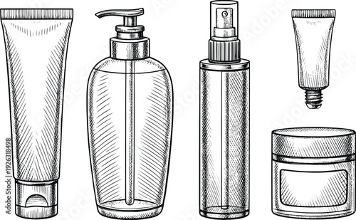 Illustration of various personal care and cosmetic product containers